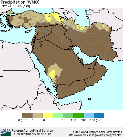 Middle East and Turkey Precipitation (WMO) Thematic Map For 5/23/2022 - 5/29/2022