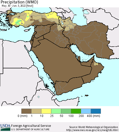 Middle East and Turkey Precipitation (WMO) Thematic Map For 5/30/2022 - 6/5/2022