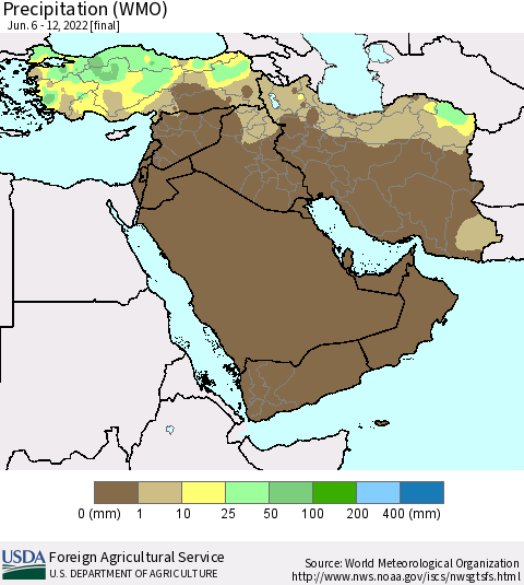 Middle East and Turkey Precipitation (WMO) Thematic Map For 6/6/2022 - 6/12/2022