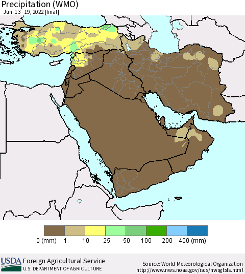 Middle East and Turkey Precipitation (WMO) Thematic Map For 6/13/2022 - 6/19/2022