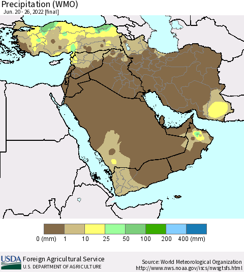 Middle East and Turkey Precipitation (WMO) Thematic Map For 6/20/2022 - 6/26/2022
