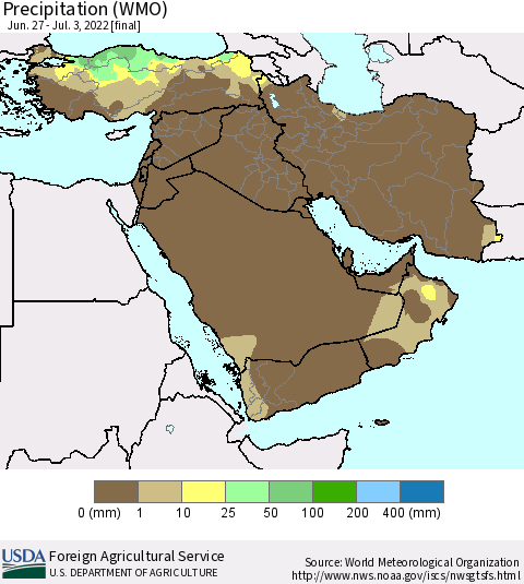 Middle East and Turkey Precipitation (WMO) Thematic Map For 6/27/2022 - 7/3/2022