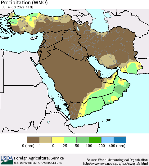 Middle East and Turkey Precipitation (WMO) Thematic Map For 7/4/2022 - 7/10/2022