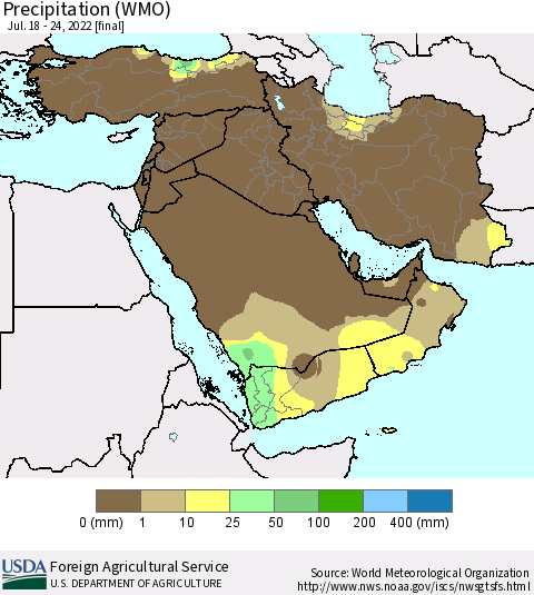 Middle East and Turkey Precipitation (WMO) Thematic Map For 7/18/2022 - 7/24/2022