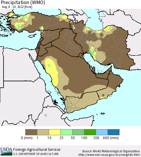 Middle East and Turkey Precipitation (WMO) Thematic Map For 8/8/2022 - 8/14/2022