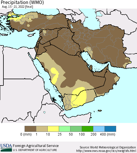 Middle East and Turkey Precipitation (WMO) Thematic Map For 8/15/2022 - 8/21/2022