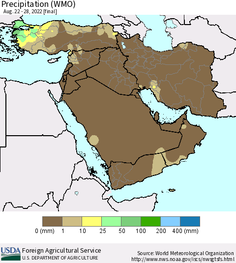 Middle East and Turkey Precipitation (WMO) Thematic Map For 8/22/2022 - 8/28/2022