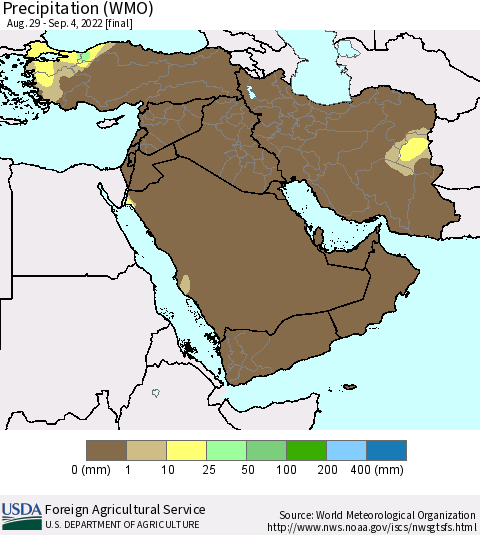 Middle East and Turkey Precipitation (WMO) Thematic Map For 8/29/2022 - 9/4/2022