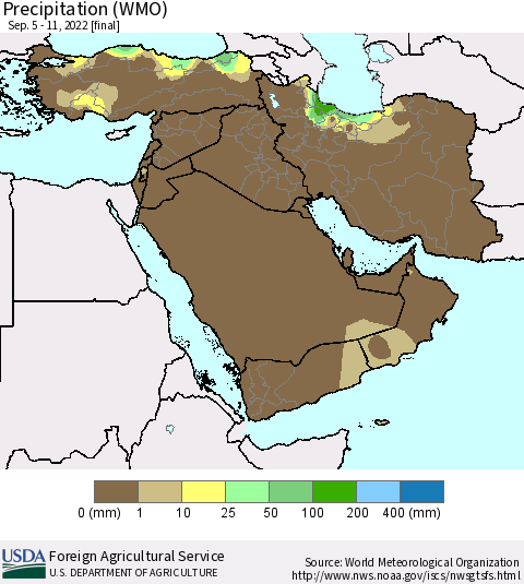 Middle East and Turkey Precipitation (WMO) Thematic Map For 9/5/2022 - 9/11/2022
