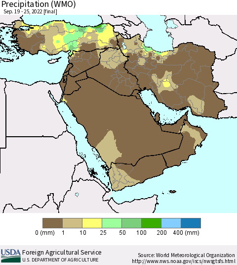 Middle East and Turkey Precipitation (WMO) Thematic Map For 9/19/2022 - 9/25/2022