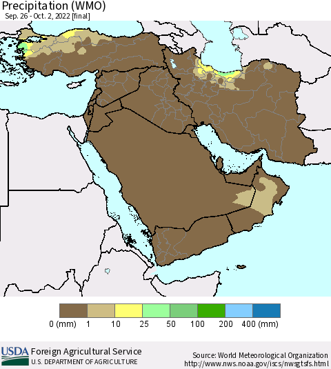 Middle East and Turkey Precipitation (WMO) Thematic Map For 9/26/2022 - 10/2/2022