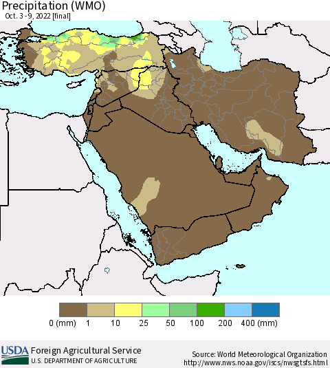 Middle East and Turkey Precipitation (WMO) Thematic Map For 10/3/2022 - 10/9/2022