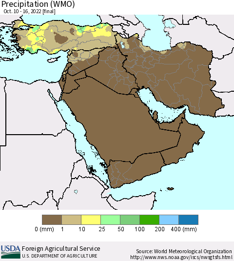 Middle East and Turkey Precipitation (WMO) Thematic Map For 10/10/2022 - 10/16/2022