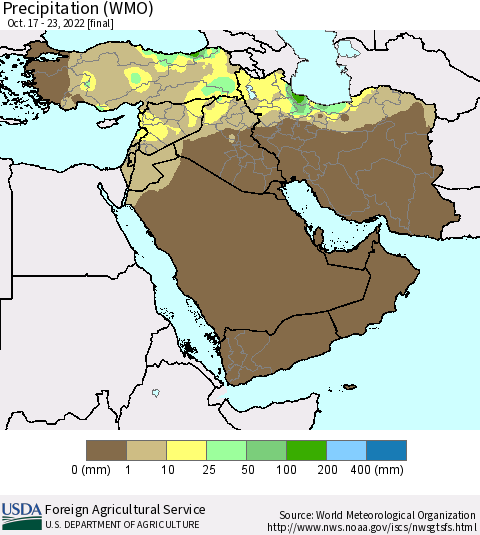 Middle East and Turkey Precipitation (WMO) Thematic Map For 10/17/2022 - 10/23/2022
