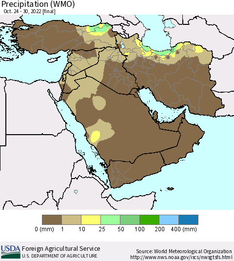 Middle East and Turkey Precipitation (WMO) Thematic Map For 10/24/2022 - 10/30/2022