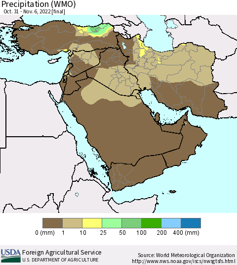 Middle East and Turkey Precipitation (WMO) Thematic Map For 10/31/2022 - 11/6/2022