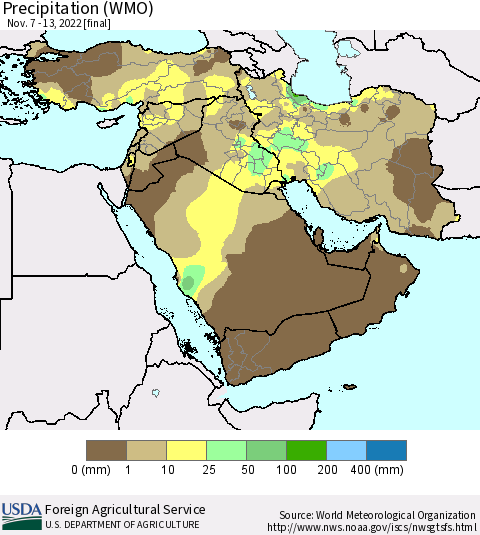 Middle East and Turkey Precipitation (WMO) Thematic Map For 11/7/2022 - 11/13/2022