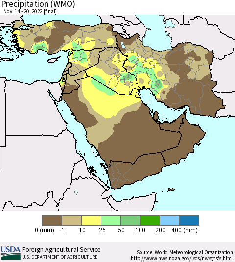 Middle East and Turkey Precipitation (WMO) Thematic Map For 11/14/2022 - 11/20/2022