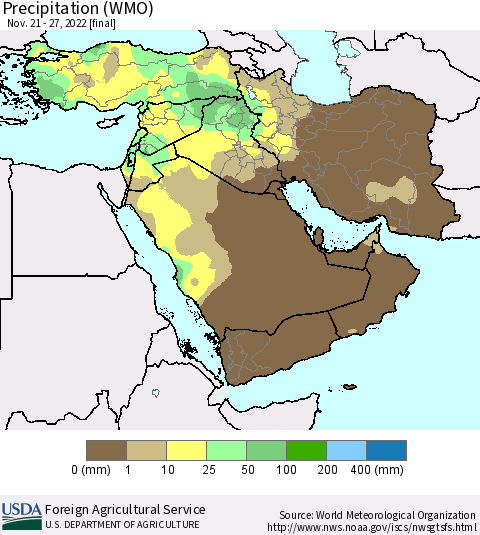 Middle East and Turkey Precipitation (WMO) Thematic Map For 11/21/2022 - 11/27/2022