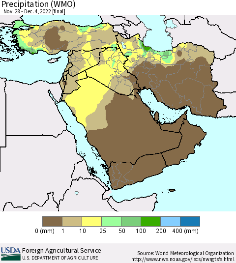 Middle East and Turkey Precipitation (WMO) Thematic Map For 11/28/2022 - 12/4/2022