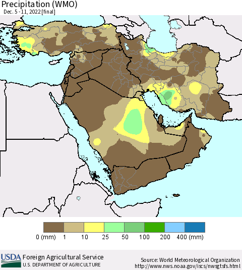 Middle East and Turkey Precipitation (WMO) Thematic Map For 12/5/2022 - 12/11/2022