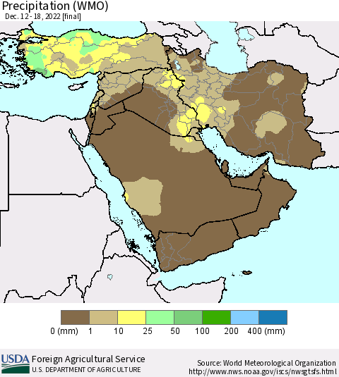 Middle East and Turkey Precipitation (WMO) Thematic Map For 12/12/2022 - 12/18/2022