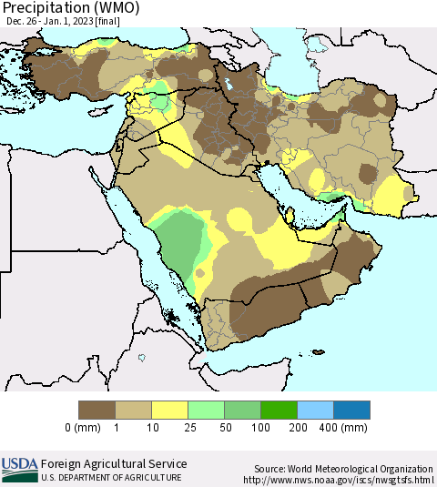 Middle East and Turkey Precipitation (WMO) Thematic Map For 12/26/2022 - 1/1/2023