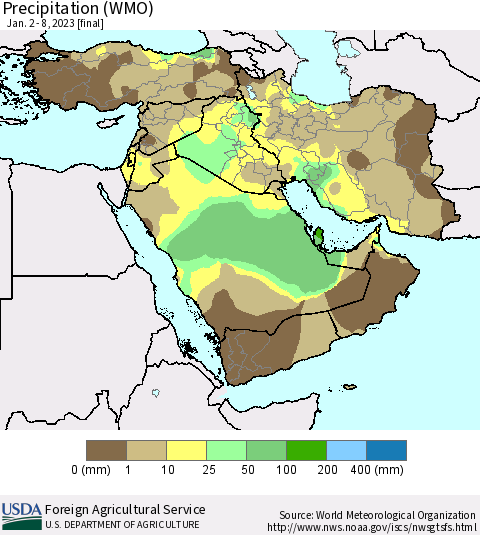 Middle East and Turkey Precipitation (WMO) Thematic Map For 1/2/2023 - 1/8/2023