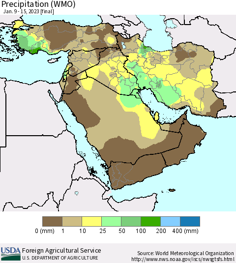 Middle East and Turkey Precipitation (WMO) Thematic Map For 1/9/2023 - 1/15/2023