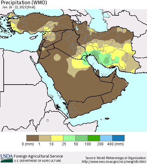 Middle East and Turkey Precipitation (WMO) Thematic Map For 1/16/2023 - 1/22/2023