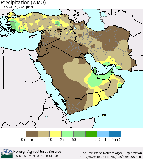 Middle East and Turkey Precipitation (WMO) Thematic Map For 1/23/2023 - 1/29/2023
