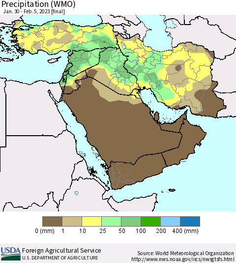 Middle East and Turkey Precipitation (WMO) Thematic Map For 1/30/2023 - 2/5/2023