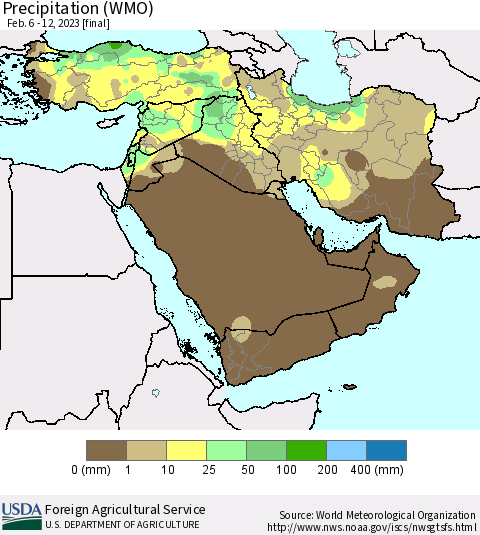 Middle East and Turkey Precipitation (WMO) Thematic Map For 2/6/2023 - 2/12/2023