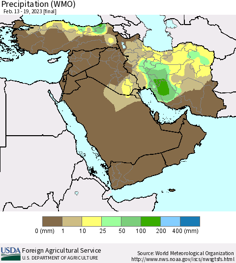 Middle East and Turkey Precipitation (WMO) Thematic Map For 2/13/2023 - 2/19/2023