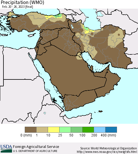 Middle East and Turkey Precipitation (WMO) Thematic Map For 2/20/2023 - 2/26/2023