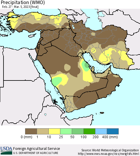 Middle East and Turkey Precipitation (WMO) Thematic Map For 2/27/2023 - 3/5/2023