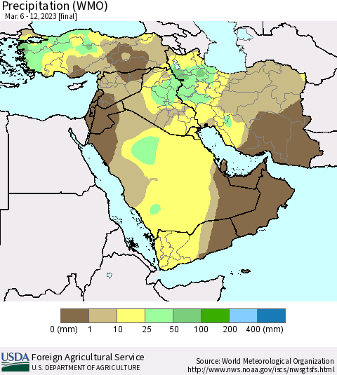 Middle East and Turkey Precipitation (WMO) Thematic Map For 3/6/2023 - 3/12/2023