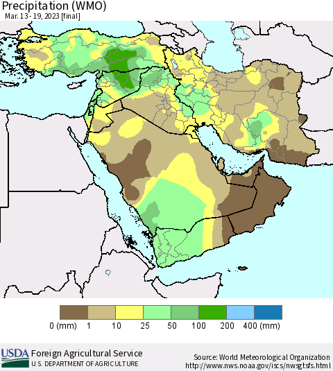 Middle East and Turkey Precipitation (WMO) Thematic Map For 3/13/2023 - 3/19/2023