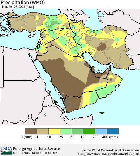 Middle East and Turkey Precipitation (WMO) Thematic Map For 3/20/2023 - 3/26/2023
