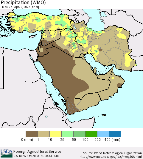 Middle East and Turkey Precipitation (WMO) Thematic Map For 3/27/2023 - 4/2/2023