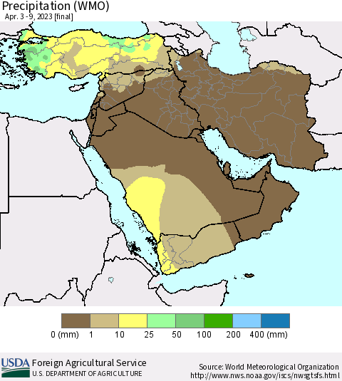 Middle East and Turkey Precipitation (WMO) Thematic Map For 4/3/2023 - 4/9/2023