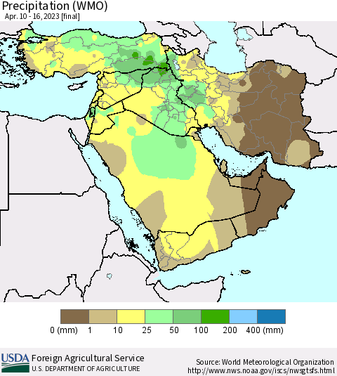 Middle East and Turkey Precipitation (WMO) Thematic Map For 4/10/2023 - 4/16/2023