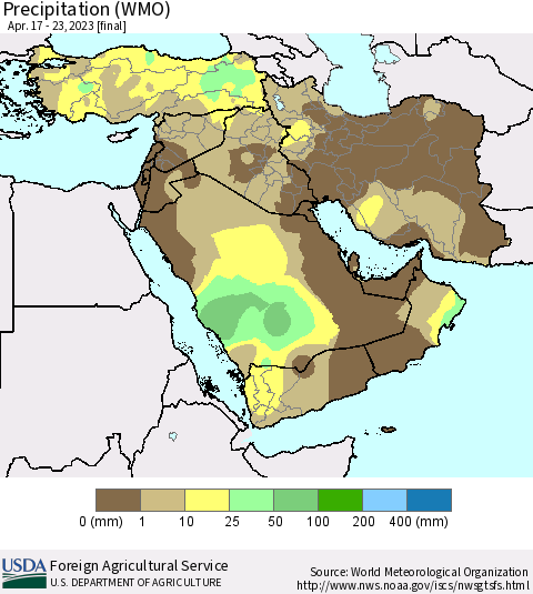 Middle East and Turkey Precipitation (WMO) Thematic Map For 4/17/2023 - 4/23/2023