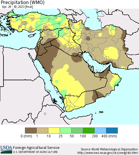 Middle East and Turkey Precipitation (WMO) Thematic Map For 4/24/2023 - 4/30/2023