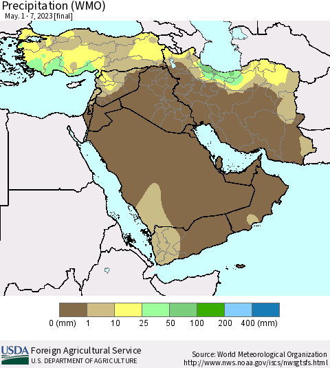 Middle East and Turkey Precipitation (WMO) Thematic Map For 5/1/2023 - 5/7/2023