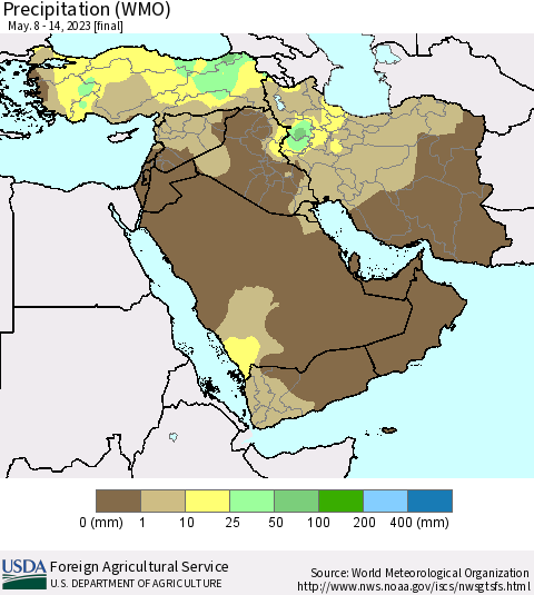 Middle East and Turkey Precipitation (WMO) Thematic Map For 5/8/2023 - 5/14/2023