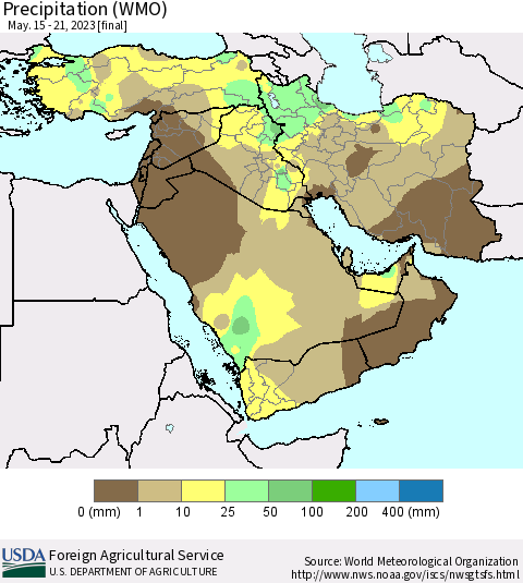 Middle East and Turkey Precipitation (WMO) Thematic Map For 5/15/2023 - 5/21/2023