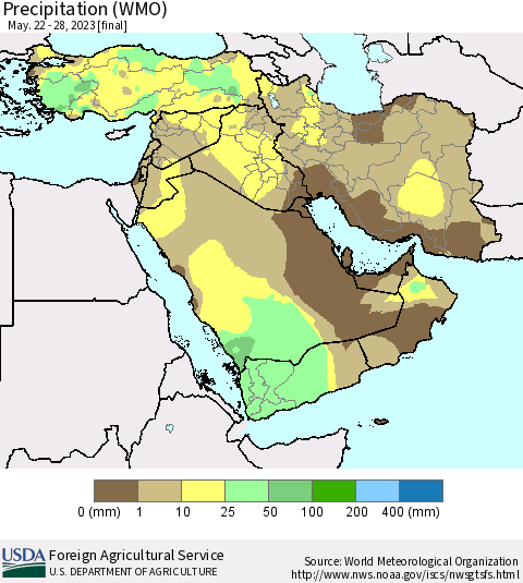 Middle East and Turkey Precipitation (WMO) Thematic Map For 5/22/2023 - 5/28/2023