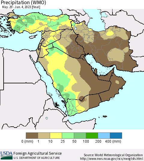 Middle East and Turkey Precipitation (WMO) Thematic Map For 5/29/2023 - 6/4/2023
