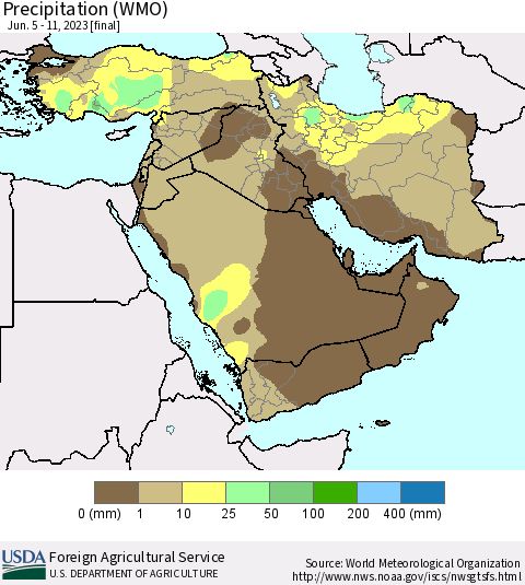 Middle East and Turkey Precipitation (WMO) Thematic Map For 6/5/2023 - 6/11/2023